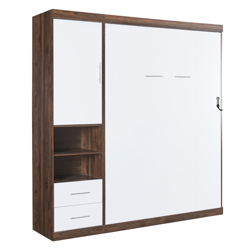 Lit double blanc avec armoire de rangement, multifonctionnel pour économiser de l'espace au sol dans le lit escamotable, solution économique pour un sommeil et un soutien confortables