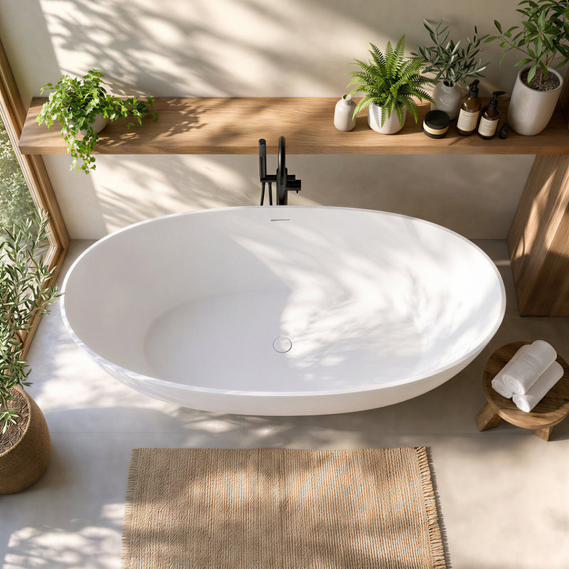 Baignoire de trempage à surface solide blanc mat 59 po - Baignoire autoportante en résine de pierre avec trop-plein et bonde escamotable