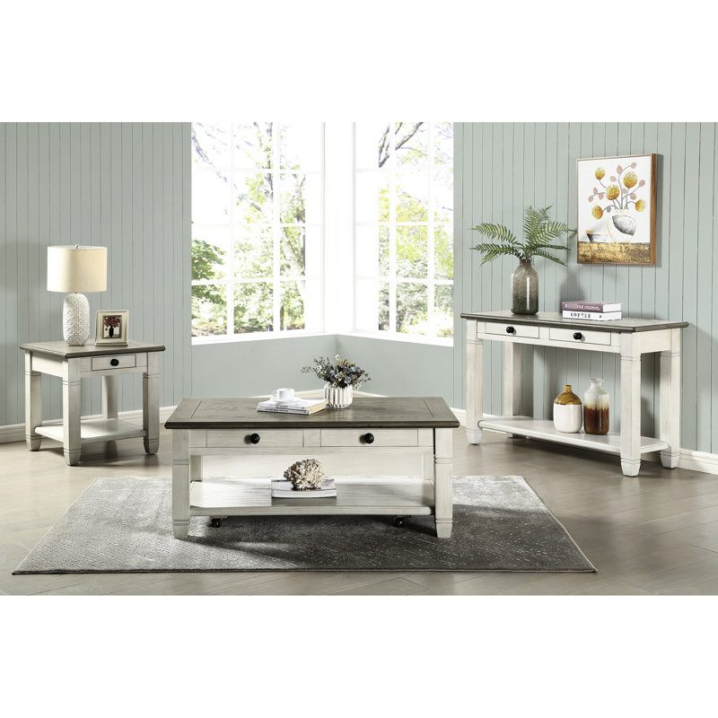 Table de salon rectangulaire avec 2 tiroirs dans une structure de fond brun et blanc antique