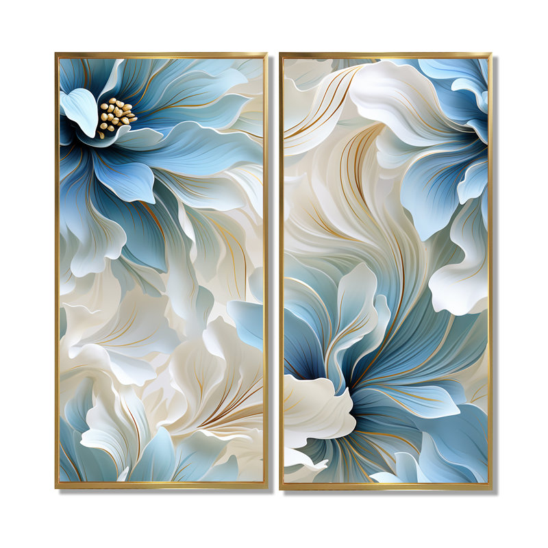 «Ethereal Blue and White Damask Dreams» - art mural bleu 2 pièces, 40" H x 40" W, Impression encadrée flottante, Gold