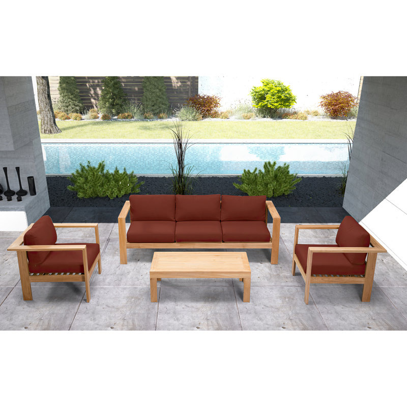 Ando 4 Piece Teak Sofa Seating Group with Sunbrella Cushions, 4 Pcs: Table, Sofa, 2 Chairs, Cast Silver Sunbrella®