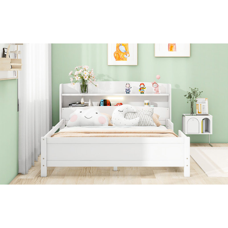 Lit plateforme double en bois avec éclairage à DEL, tête de lit et garde-corps intégrés, Lit double, Blanc