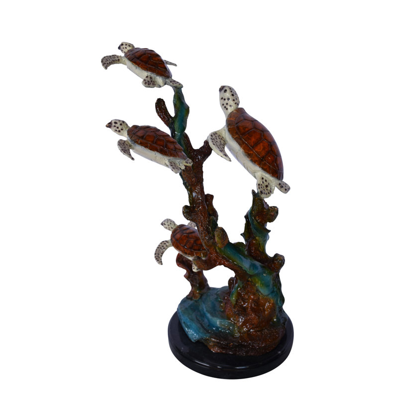 Four Turtles With Fish Bronze Statue On A Marble Base - Size: 16" X 12" X 22"H.