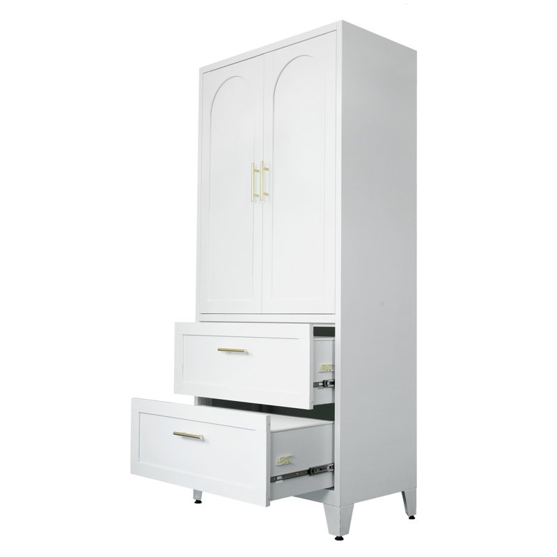 71? White Metal Wardrobe Cabinet With Drawers, White 