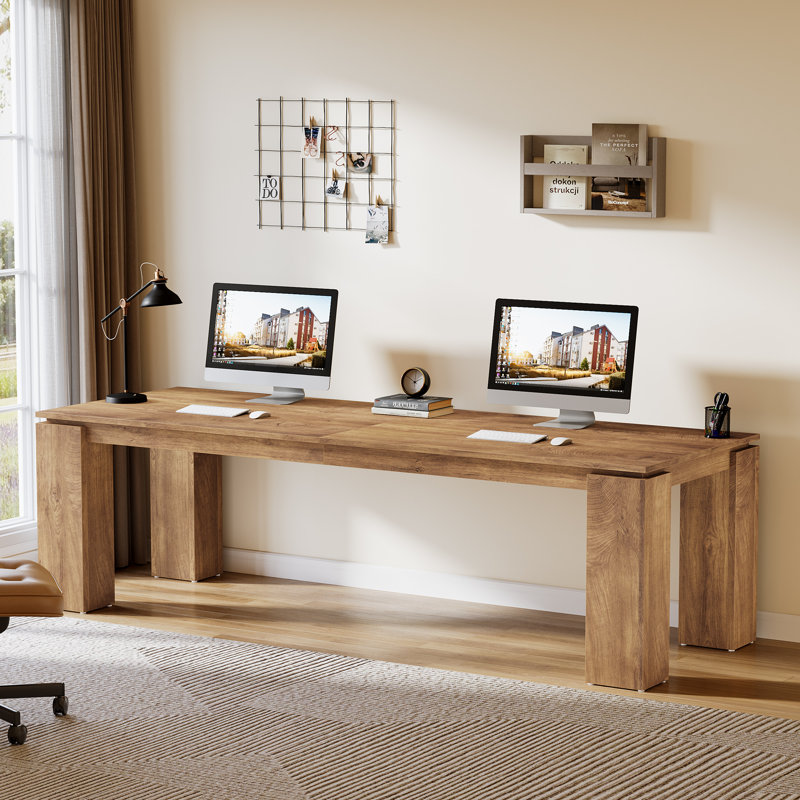 86.61 Inches Long Computer Desk, Double Wood Office Desk, Brown