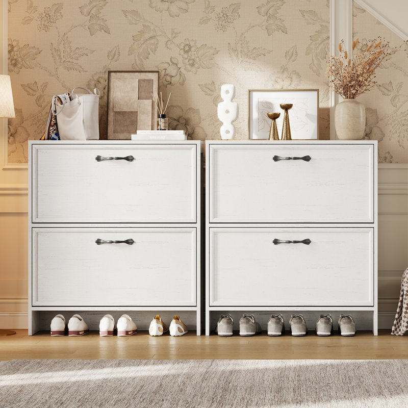 Shoe Cabinet with 2 Flip Drawers, Narrow Shoe Storage Cabinet with Adjustable Shelf, Hidden Shoes Rack with Anti-Tipping Kit, Freestanding Shoes Rack for Entryway Hallway,White