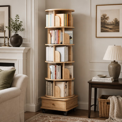 Bibliothèque pivotante à 6 niveaux sur 360 degrés, tour à livres ronde avec roulettes et tiroir, rangement pour bureau de chambre à coucher