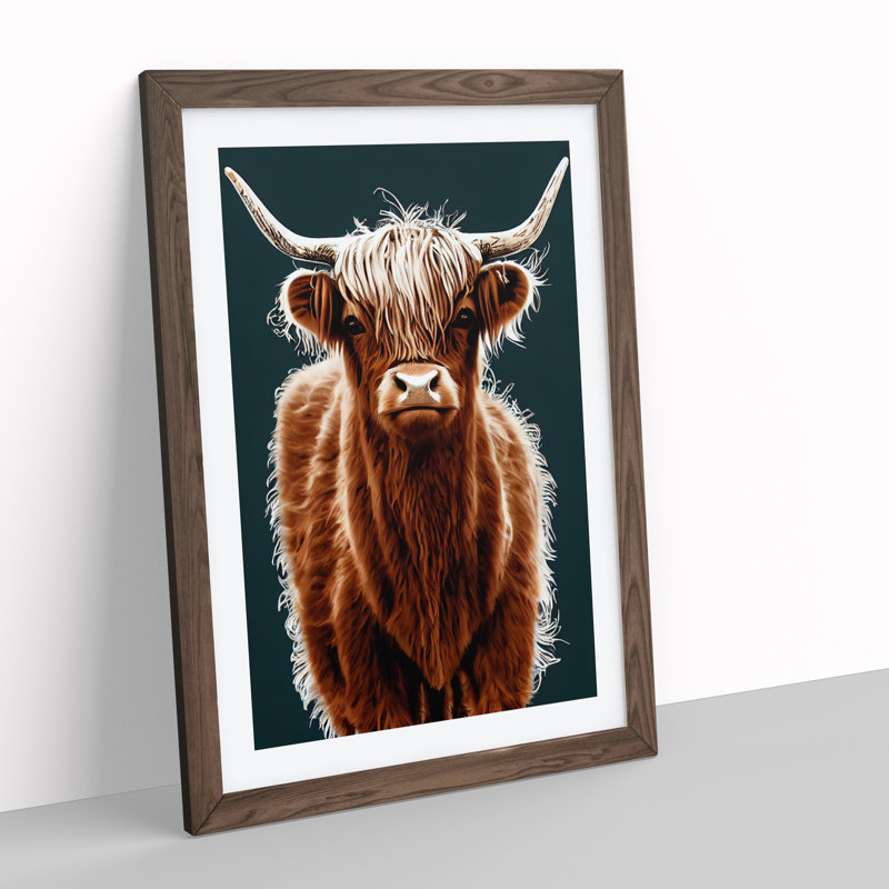 Charming Highland Cow - Wall Art, 48cm H x 36cm W, Walnut Framed, White