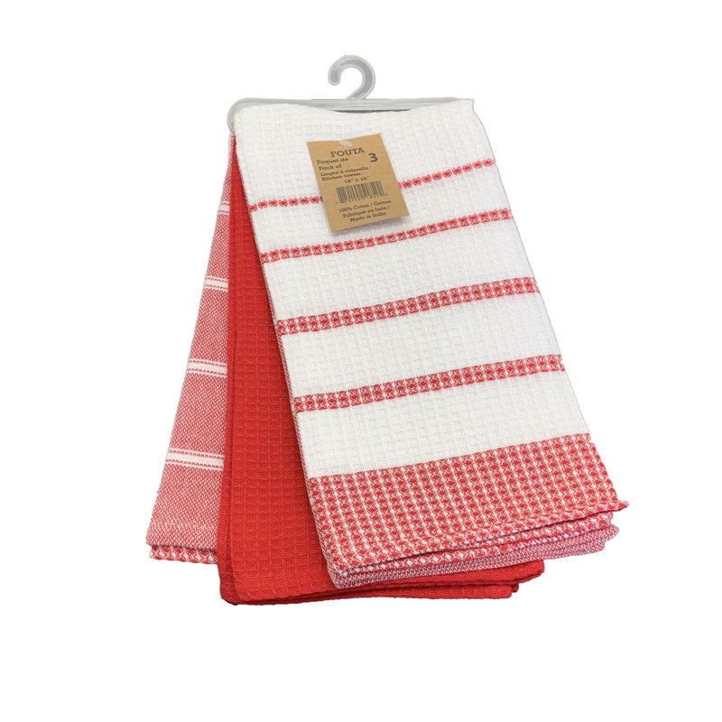 Cannady Cotton Stripe Waffle Tea Towel Kitchen Towel, Red, 26" L x 18" W