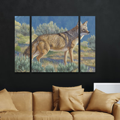Ensemble de 3 panneaux - Jeff Hoff «Yellowstone Coyote», art mural sur toile pour le salon, la chambre à coucher ou le bureau 