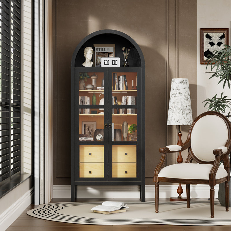 Camerion 72" Tall Modern Arched Cabinet with Glass Doors and  Auto Sensor Light, Black