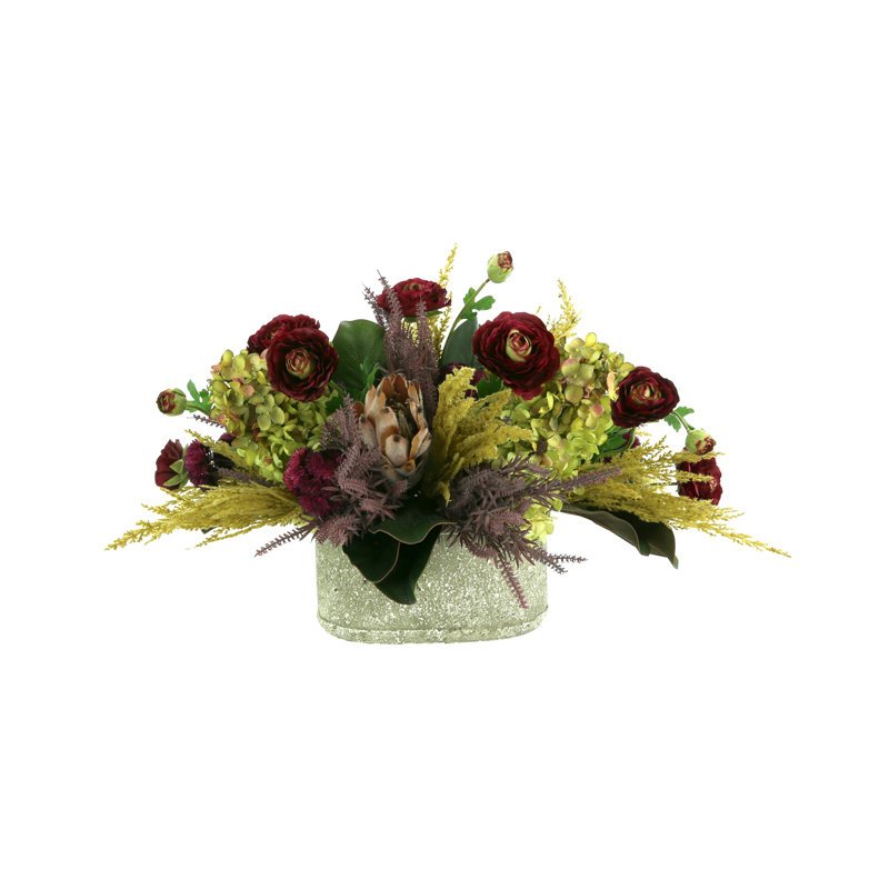 Hydrangea, Ranunculus and Protea in Grey Pot