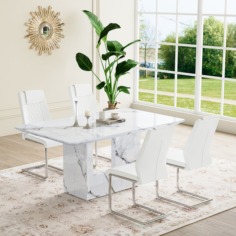 5-Piece Marble Dining Table Set, White, White/Silver