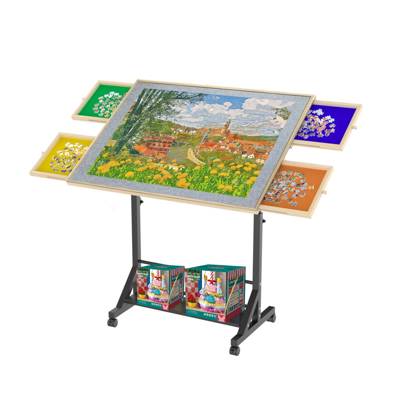 Wooden 1500 Piece Puzzle Table With Drawer, 35"*27.17" Adjustable Puzzle Table, 360° Tilting Puzzle Table With Legs And Wheels, Rolling Puzzle Table, Adjustable Height And Angle, With Protective Cover 