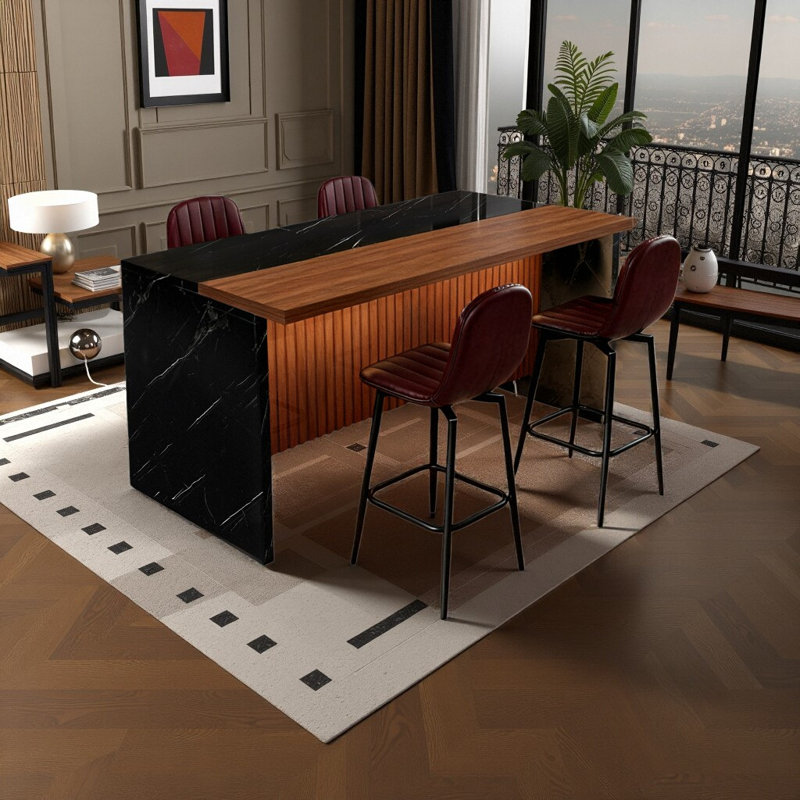 Ensemble d'îlot de cuisine 63 pouces avec 4 tabourets de bar - surface d'aspect marbre avec éclairage DEL, Table, 4 chaises