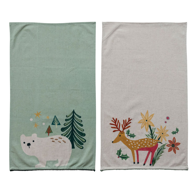 Serviette à thé en coton et lin avec garniture à pompons