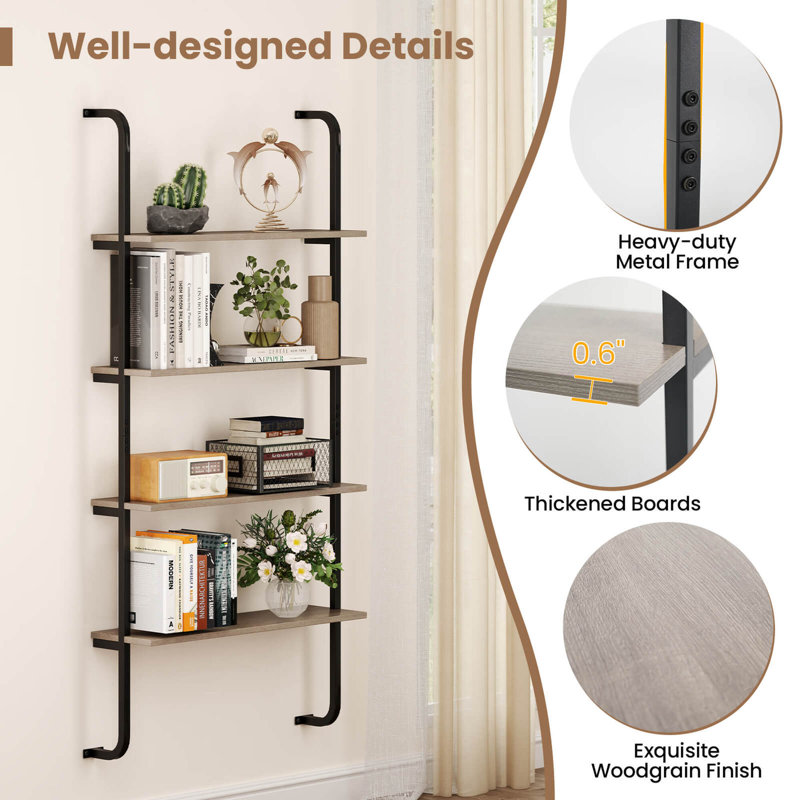 4-tier Wall-mounted Ladder Shelf Display Bookshelf With Heavy-duty Metal Frame, Gray Oak