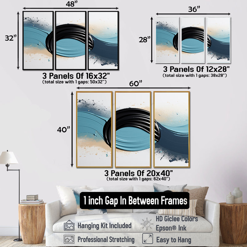 «Shadow Balance Blue and Black - Abstract Modern Waves», ensemble de reproduction d'art mural, Encadrement argenté