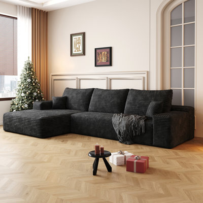 Canapé modulaire 107 po avec méridienne en L 107 po, canapé modulaire moderne avec assise profonde, canapé rembourré pour la chambre à coucher du salon, aucun assemblage requis (tissu en velours côtelé moelleux), noir