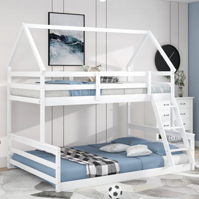Lit superposé simple au-dessus d'une maison double en blanc, toit incliné, sommeil sécuritaire, multifonctionnel, assemblage facile
