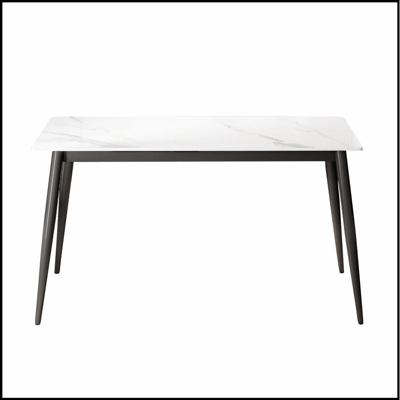 Table de salle à manger moderne moderne en pierre artificielle avec rebords droits gris foncé et pieds en métal gris