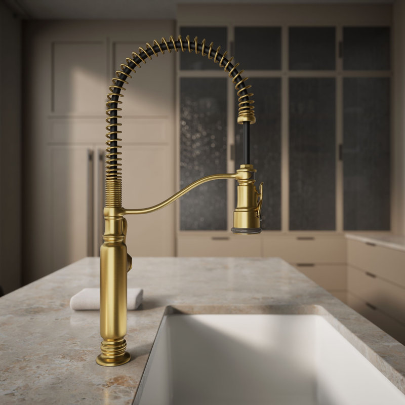 Tournant Single Handle Pull Down Kitchen Faucet, Vibrant Brushed Moderne Brass