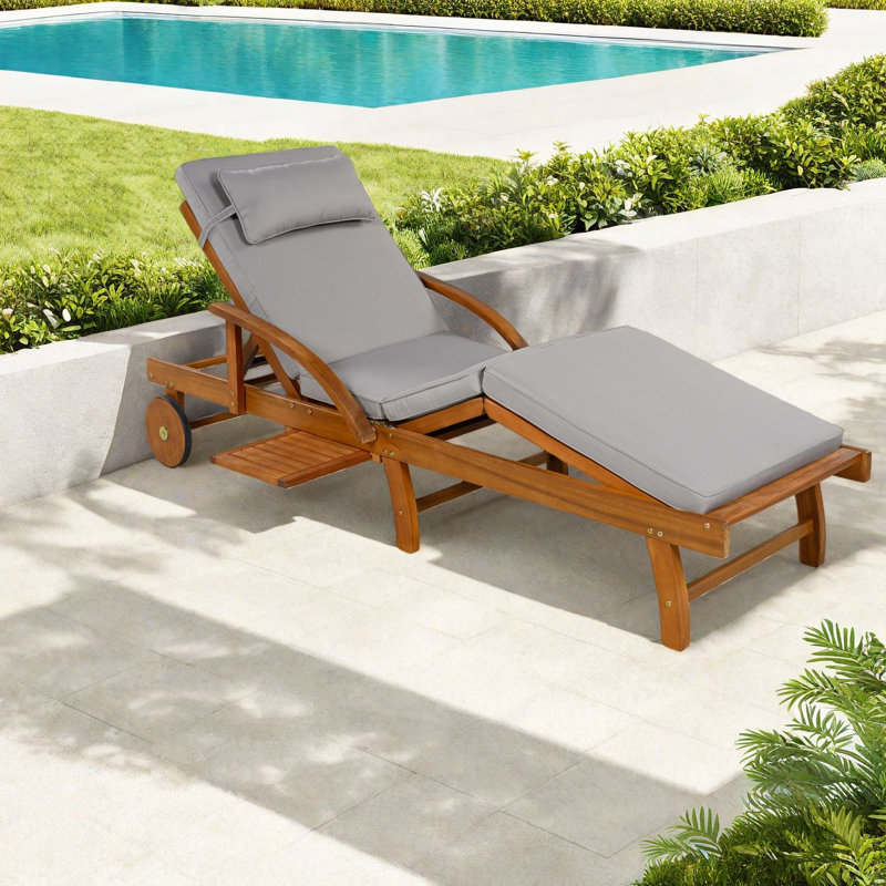 Méridiennes de patio réglables, ensemble de 2 chaises modernes en bois d'acacia près de la piscine