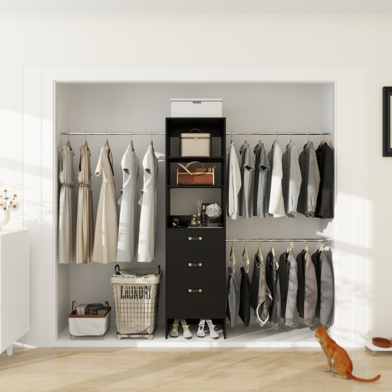 Jeremyiah 21''-96'' Closet System with 3 drawers(can be cut to fit), Black