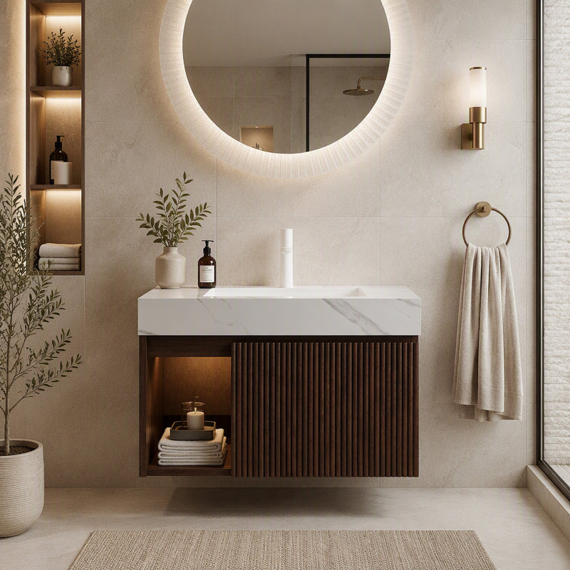Meuble-lavabo mural de 76 cm avec lavabo intégré, armoire cannelée et éclairage à détecteur de mouvement, 30" W, White