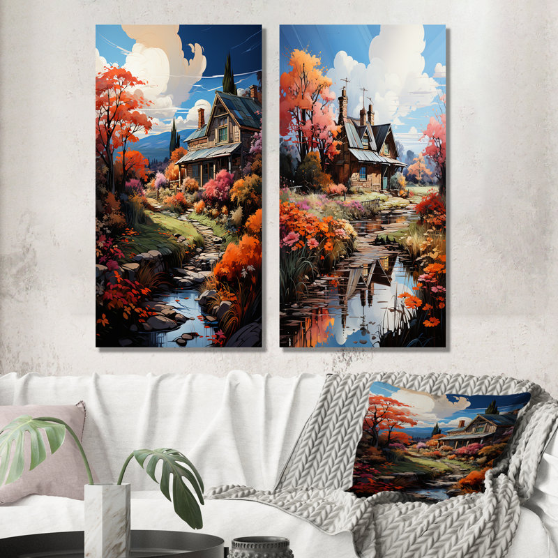 «Fall Retreat Cottage Landscape II», ensemble d'art mural en métal 2 pièces, H 28 po x l 24 po