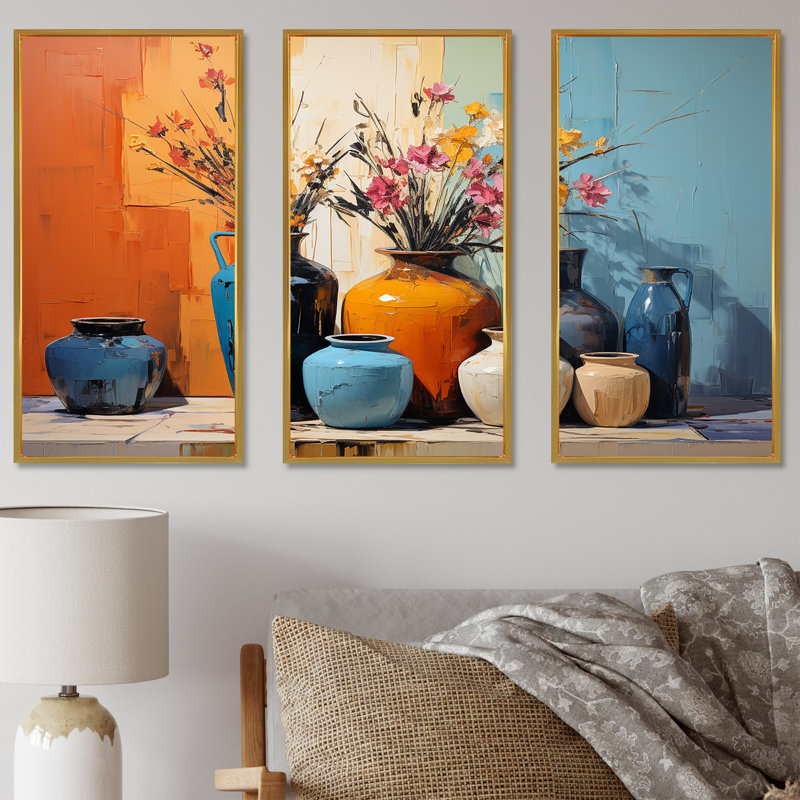 «Blue Italian Pottery Expressions - Boho Pottery», art mural, Cadre flottant doré, H 28 po x l 36 po x P 1 po
