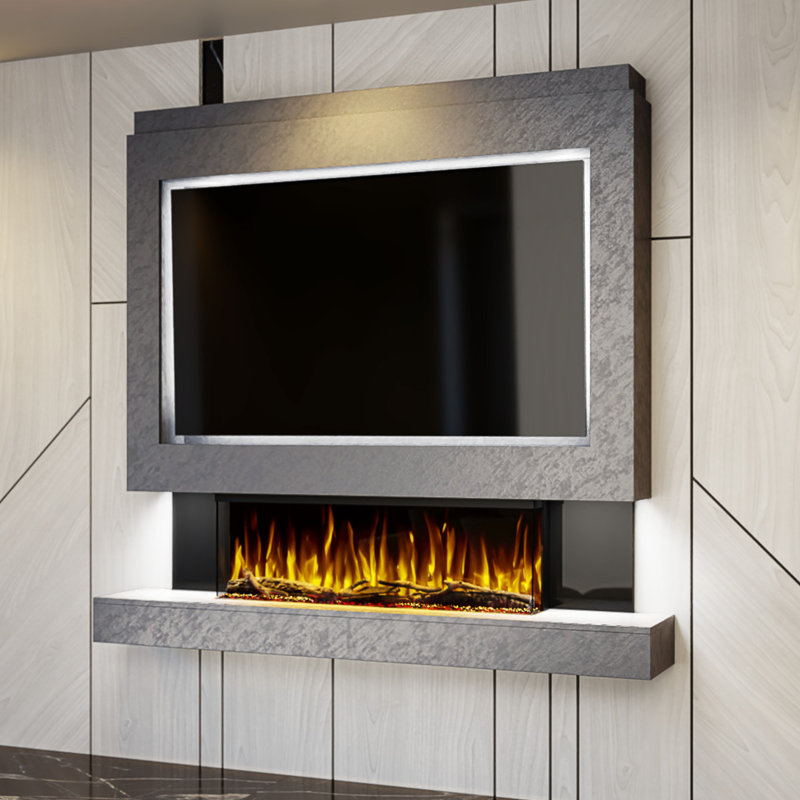 Evolution Fires Pre-Built Media Wall Package 1, finished in textured Venetian Plaster, includes Spectrum Series 44 Series 3-Sided Electric Fireplace