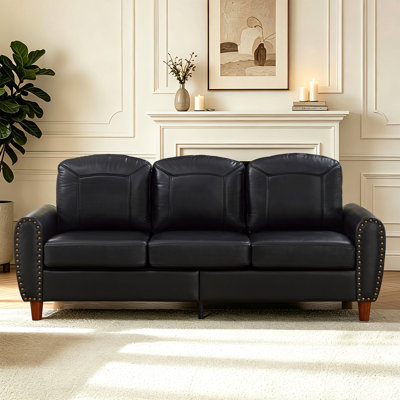 81.5" Classic Living Room Sofa  Faux Leather Couch,Rolled Arm Sofa With Nails,Solid Wood Legs,Upholstered Breathable Pu Leather