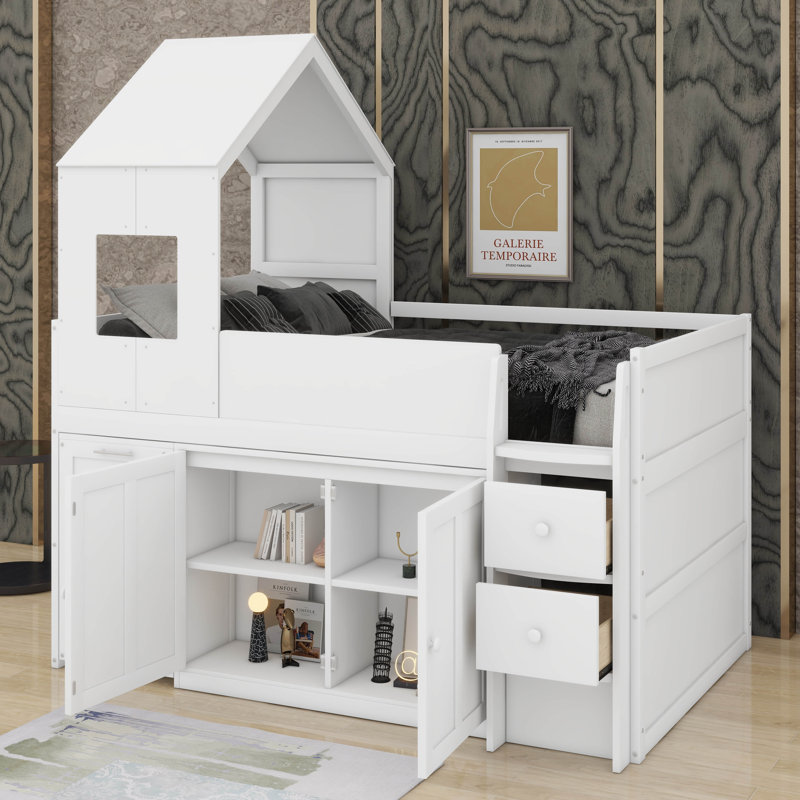 Lit mezzanine en bois avec bureau, tiroirs, lit mezzanine avec armoires, Blanc