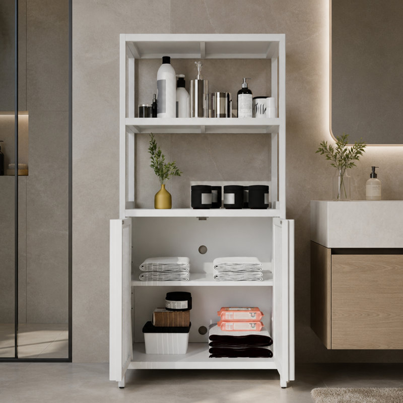 Armoire de rangement en bambou avec 2 portes et tablettes ouvertes pour la salle de bain