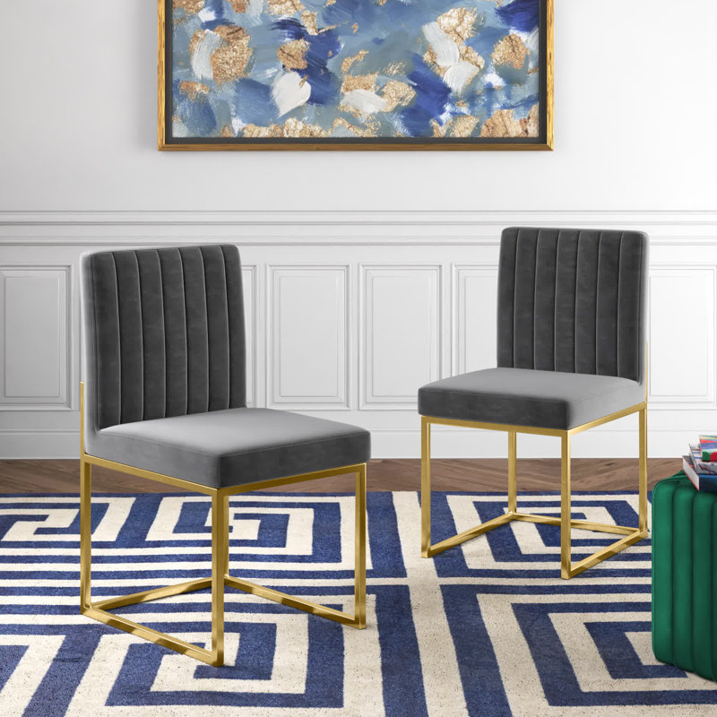 Amberdawn 18.5'' H Velvet Upholstered Side Chair, Grey Velvet, Gold