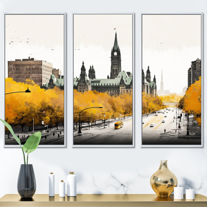 Ottawa in the Fall II - 3 pièces sur toile, H 32 po x l 48 po x P 1 po, Cadre flottant blanc