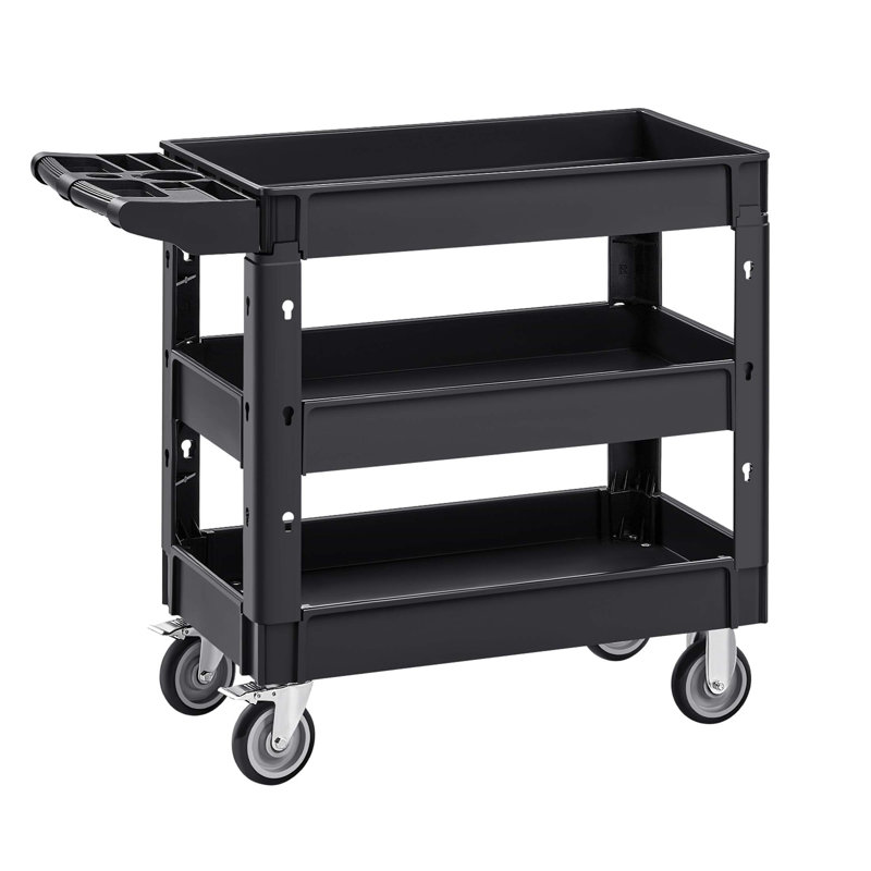 Heavy Duty 3 Shelf Utility Cart With 550LBS Capacity, 360° Swivel Wheels, And Ergonomic Handle For Versatile Use In Warehouses, Garages, And More.