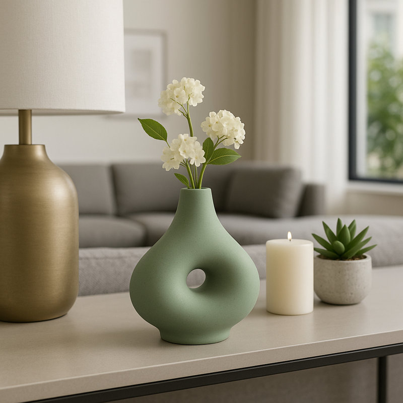 Modern Ceramic Abstract Table Vase for Home Decor - Contemporary Cutout Tall Flower Vase for Office, Tabletops, or Living Room - Green