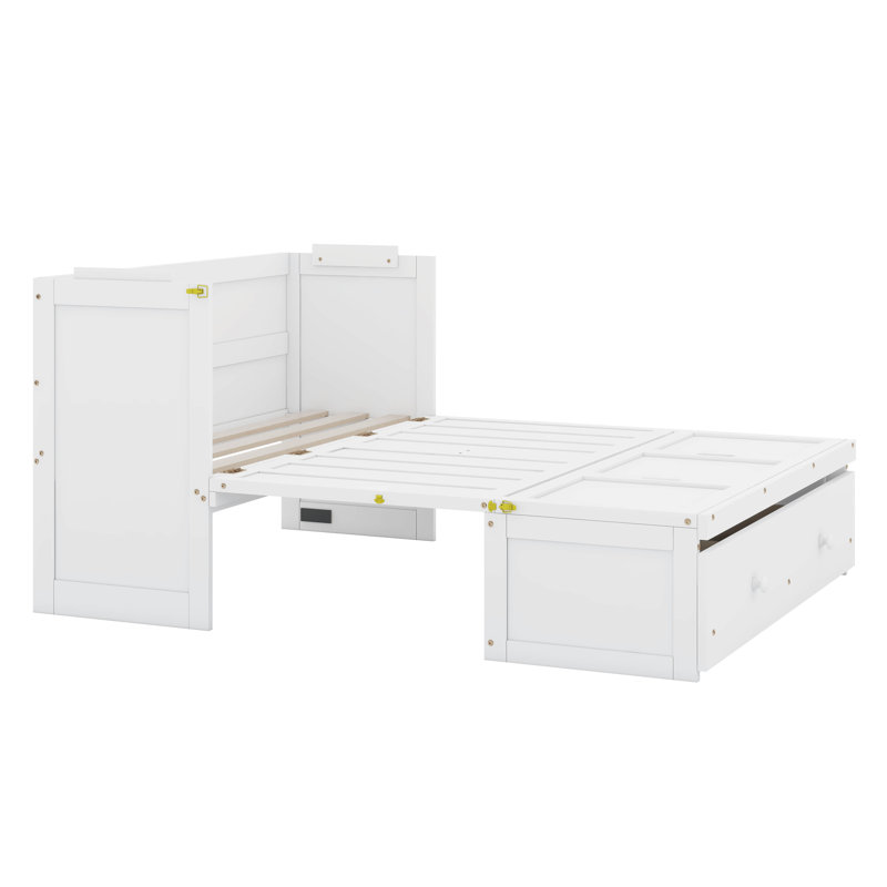 Full Size Murphy Bed, Solid Wood Murphy Bed Frame With USB Port And A Large Drawer, White