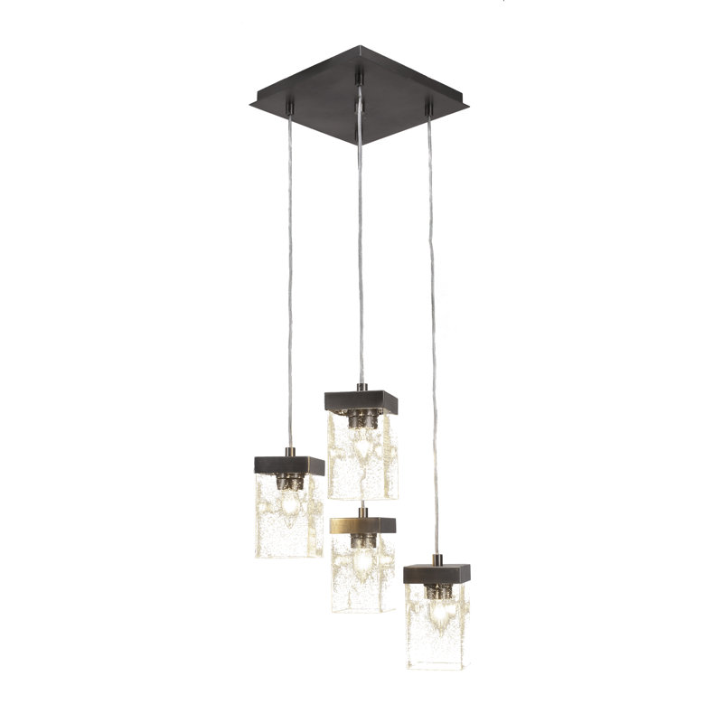 Luminaire suspendu grappe à 4 lumières Karson présenté en finition graphite avec verre carré transparent de 4 po