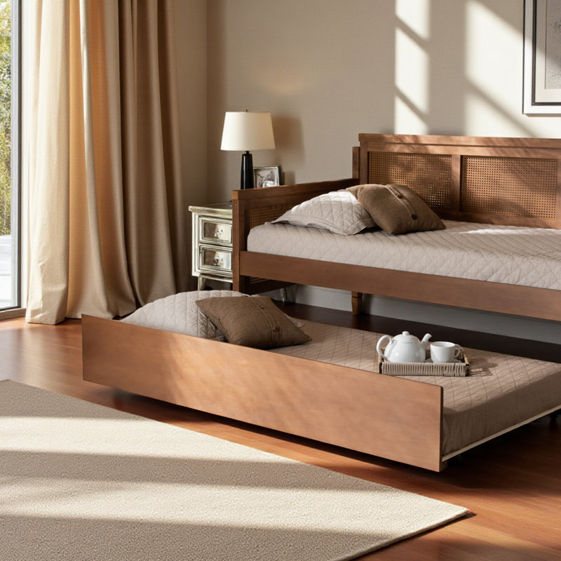 Montiera Modern Ash Walnut Twin Size Trundle Bed, 11.53'' H X 73.76" L X 40.02'' W