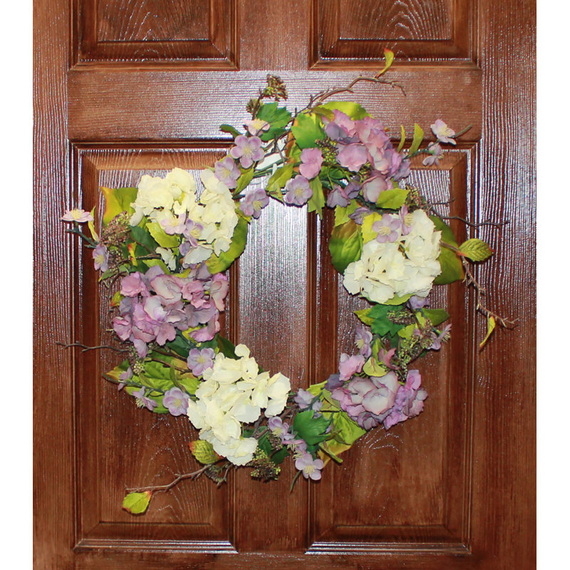 24" Artificial Hydrangea Flower and Seed Wreath, Green/Purple/White