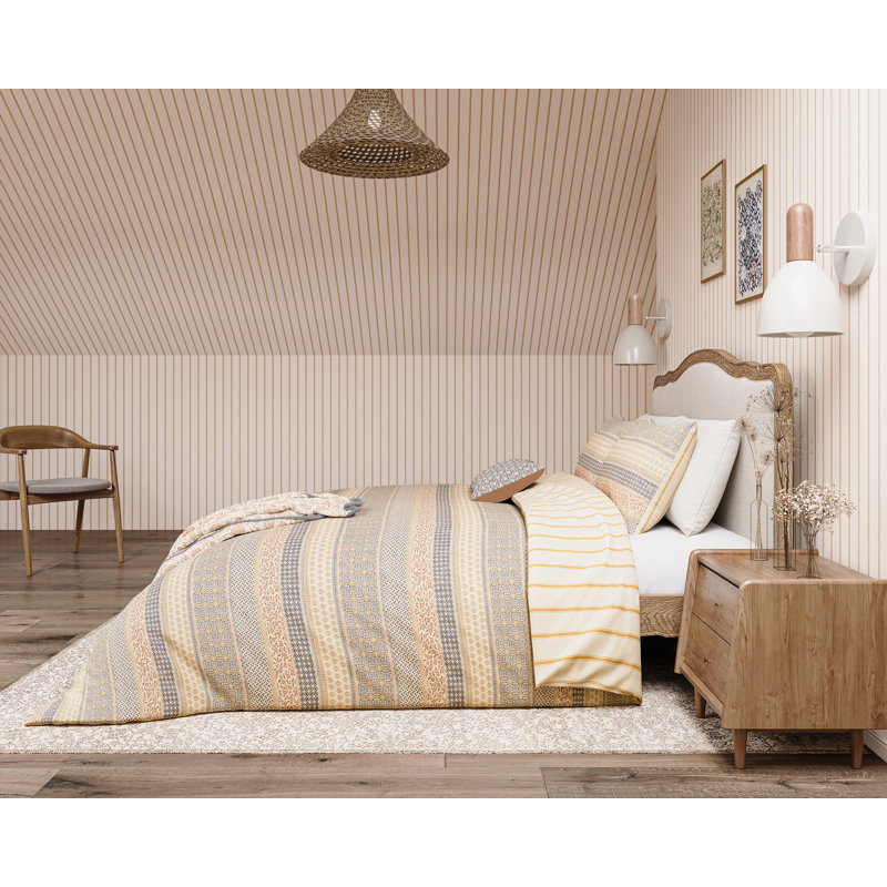 Folk Stripe Cover Set, Super King Duvet Cover + 2 Pillowcases, Gold