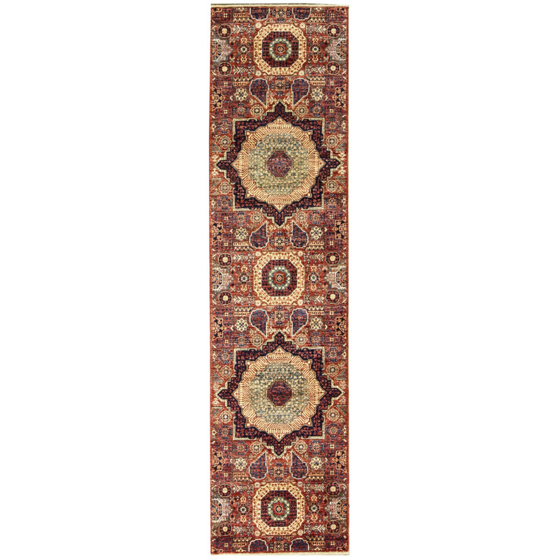 Tapis de couloir rouge / orange / bleu marine de haute qualité noué à la main One-of-a-Kind