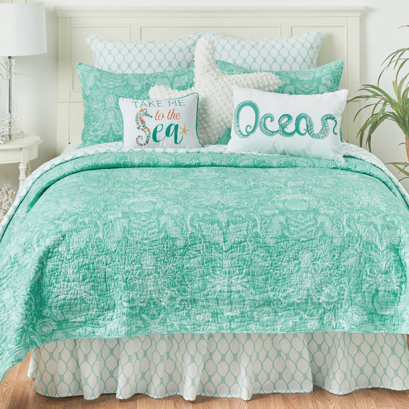 Ensemble de courtepointe réversible en coton Turquoise Bay, Courtepointe simple et 1 taie décorative