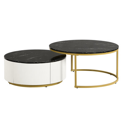 Modern Black & Gold Round Nesting Coffee Table - Fluted Design With Storage Drawer Elegant Texture And