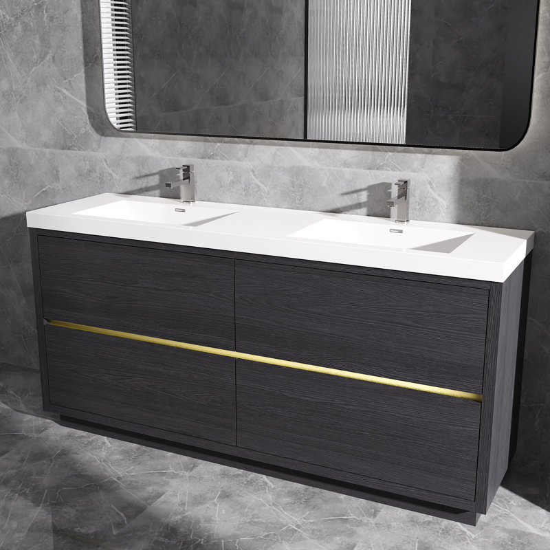 Meuble-lavabo autoportant avec comptoir à double surface en blanc pour salle de bain, Noir, noir, noir, noir, 72"