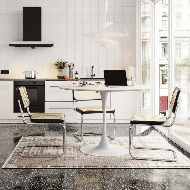 Table de salle à manger moderne 48,45 po avec plateau en bois massif et base en métal et table ronde 48,45 po Modern, Blanc