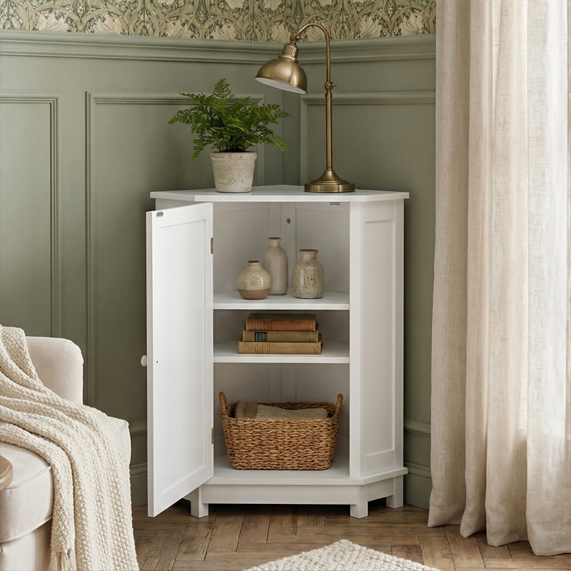 31" Freestanding Corner Cabinet With Door, Waterproof MDF Bathroom Shelf Organizer For Toiletries & Towels, White